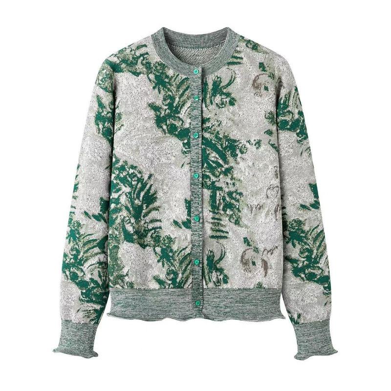 Autumn New Product Fashion Retro Jacquard Pattern Twist Music Short Knitted Cardigan