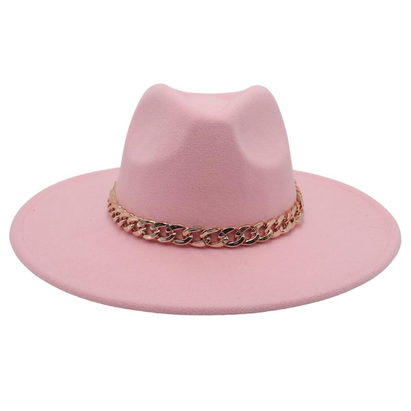 Big Brim Gold Acrylic Chain Felt Hat Solid Color Cashmere Jazz Hat French Top Hat
