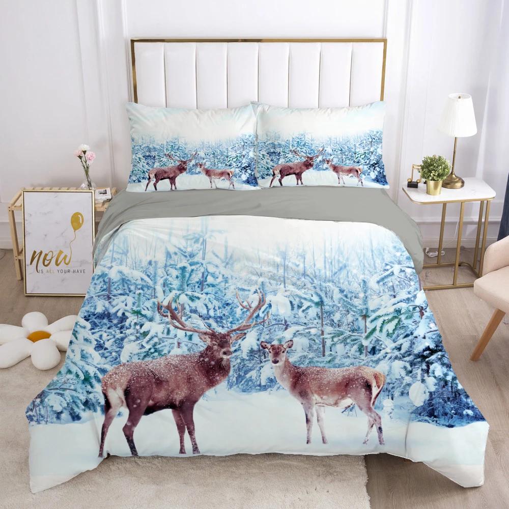 Christmas Deer King Queen Duvet Cover Animal Elk Bedding Set 2/3pcs for Kids Teens Adults Blue Soft Quilt Cover with Pillowcase
