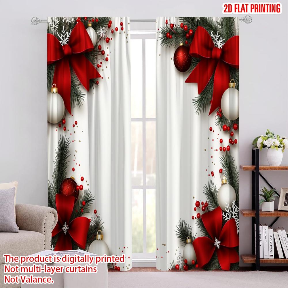 

2pcs,2D plane printing Popular Curtain Panels Christmas Baubles Pine Branches Red Bows (2) Durable Polyester (without rod) 52.50 × 116.00 cm 2 pcs