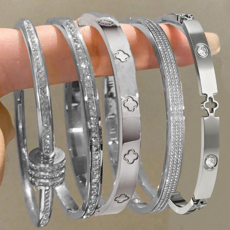 ZAKOL 5/1pcs Creative Stainless Steel Four-leaf Flower Bracelet Set for Women Buling Zirconia Inlaid Fashion Stackable Jewelry