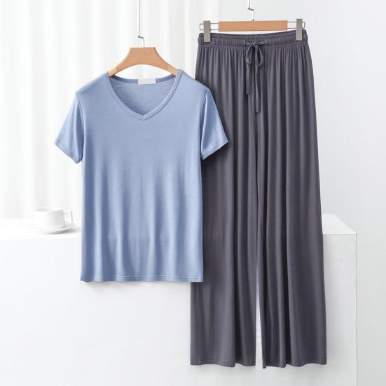 Dámská dvoudílná pyžamová souprava Ležérní topy s výstřihem do V a krátkým rukávem Pulovr Široké kalhoty Letní soupravy na doma