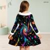 Girls Long Sleeve Colorful Printed Dress Furry Collar Furry Cuffs A Line Flared Hem