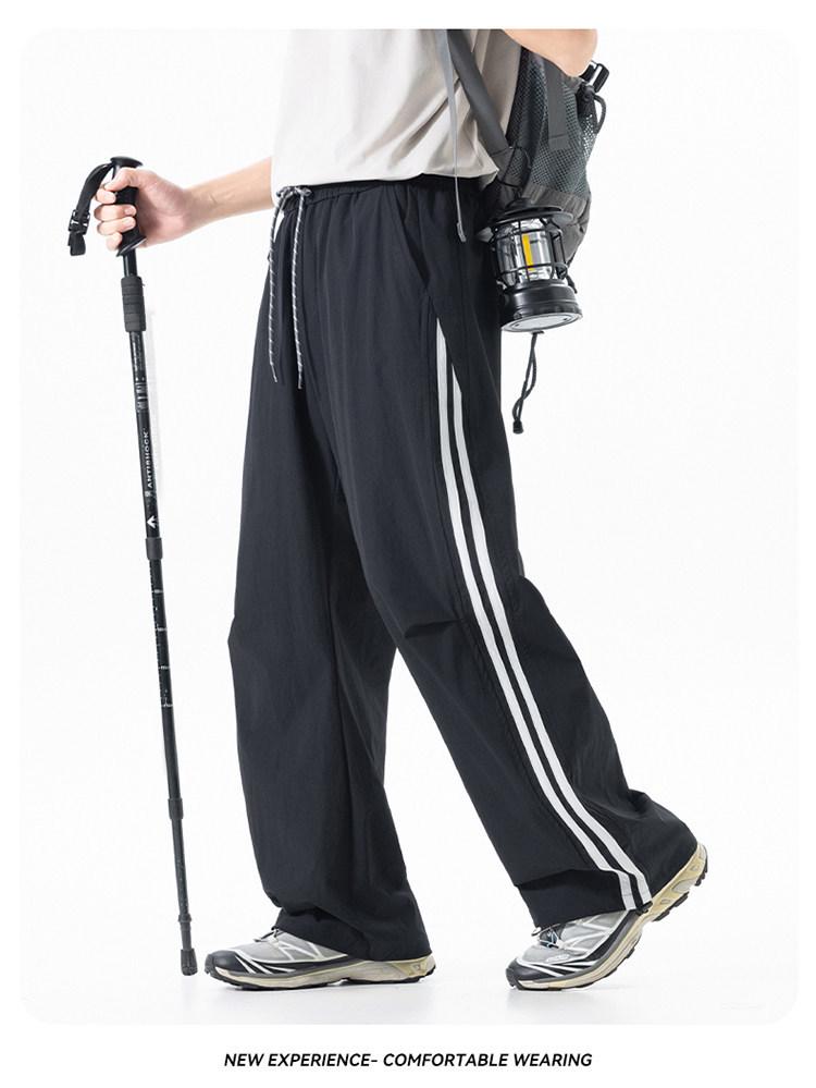 Men's American Outdoor Striped Drawstring Wide-Leg Summer Pants - Breathable, Loose, Straight-leg, Casual Sportswear