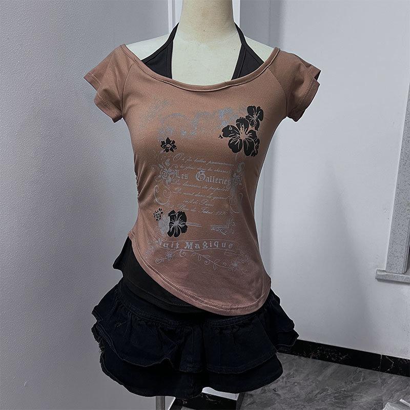 Camisetas de manga corta con cuello halter y cordones estilo vintage americano de TrendHub, estilo Y2K, ajustadas, estampadas, para mujer.