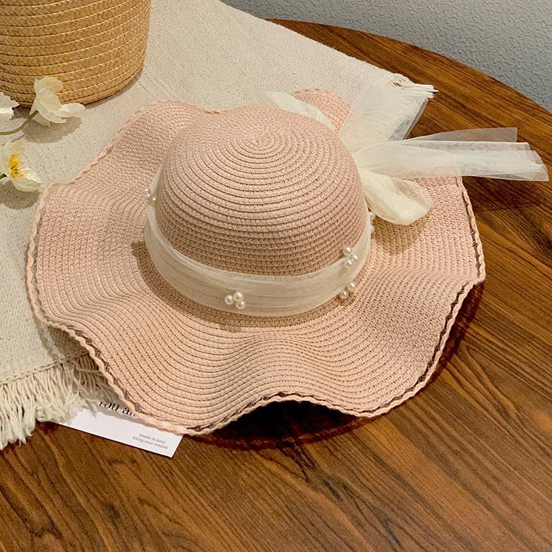 Lace pearl wavy edge bow straw hat women's summer sunshade seaside vacation big brim sun hat