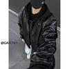 Jaqueta Bomber Masculina Preta de Couro Sintético com Capuz - Silhueta Curta Estilo Americano