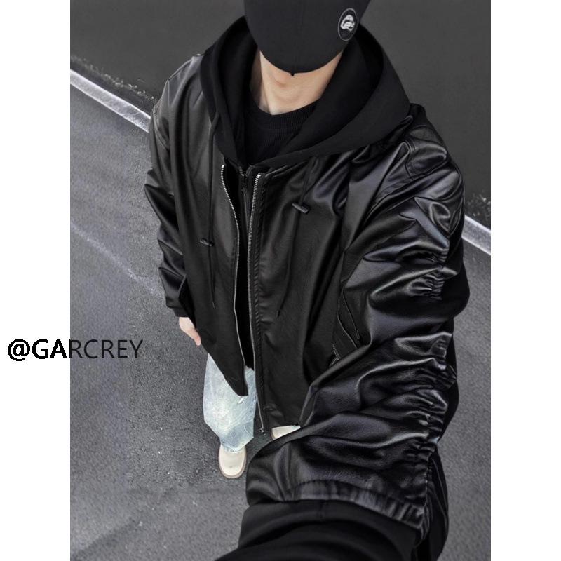 Men's Black Faux Leather Hooded Bomber Jacket - American Style Short Silhouette
