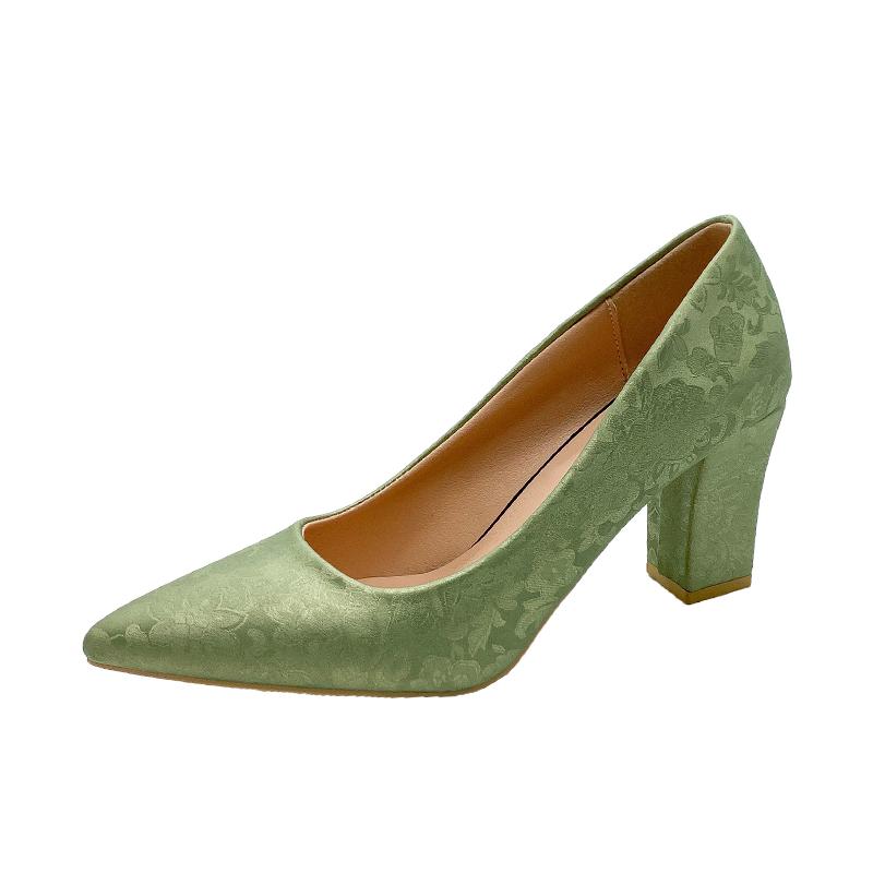 

Модные роскошные атласные туфли-лодочки с вышивкой для женщин Модные туфли с острым носком на высоком каблуке для вечеринок Женские удобные туфли-лодочки на толстом каблуке с небольшой высотой каблука 40 зелёный