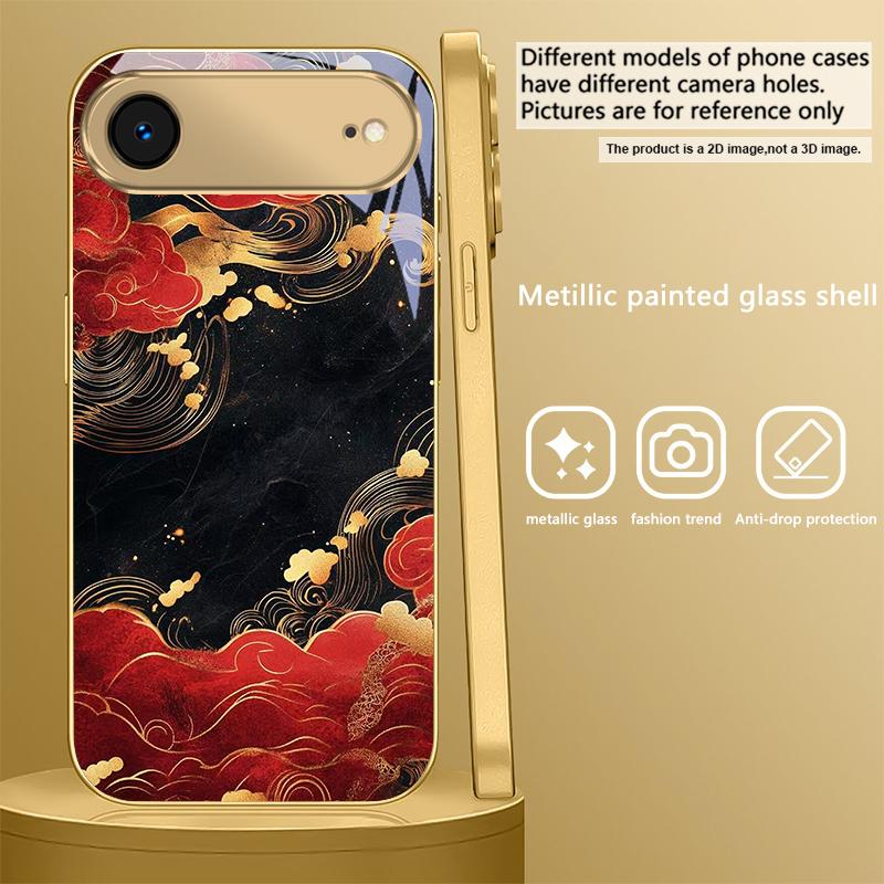 Red vortex pattern For iPhone 17 Air 16E 15 PRO 14 13 Plus 12 mini 11 17 Pro Max XR 16 17Pro Max 15Pro Golden glass phone case