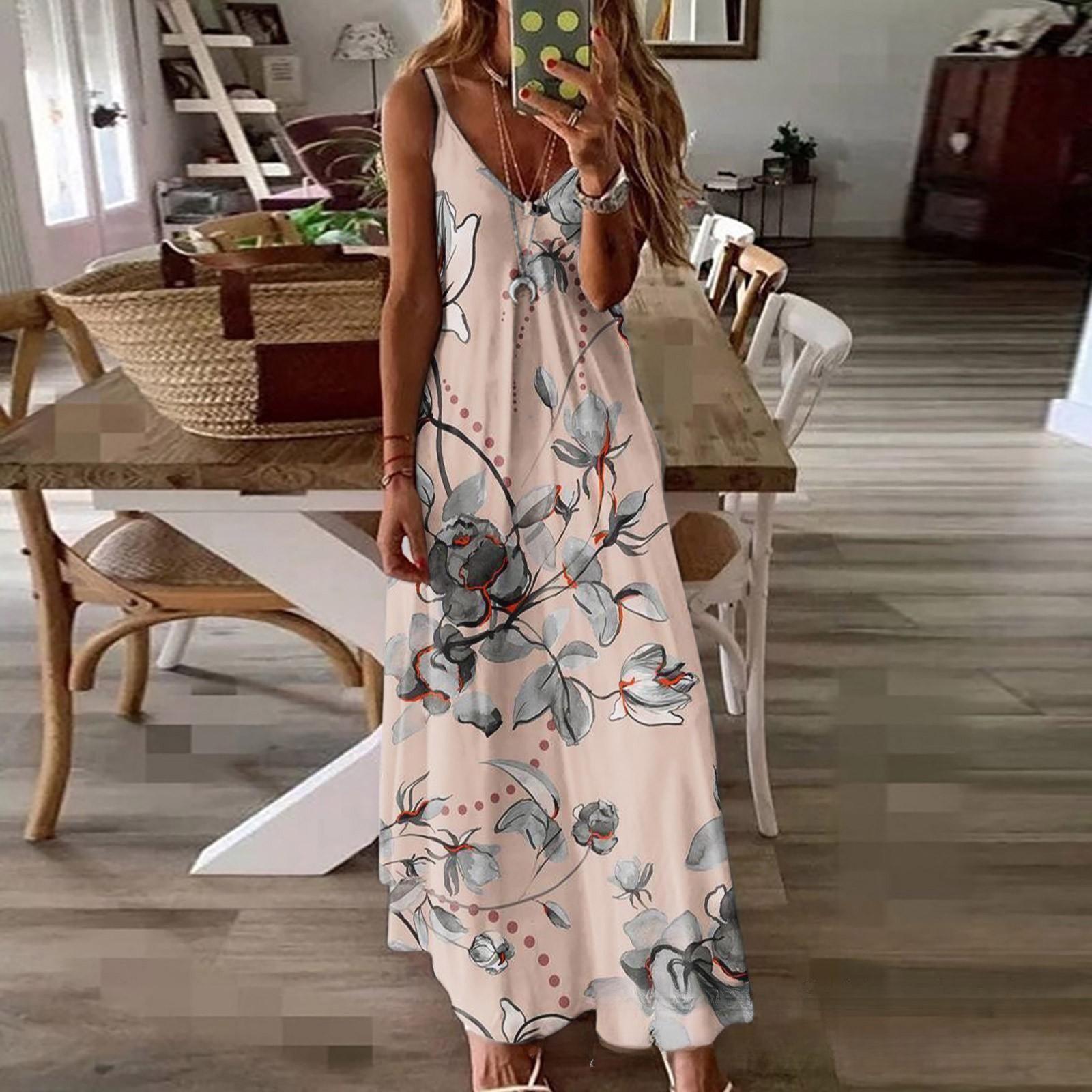 European 3D Print Seaside Floral V-Neck Women s Camisole Dress S