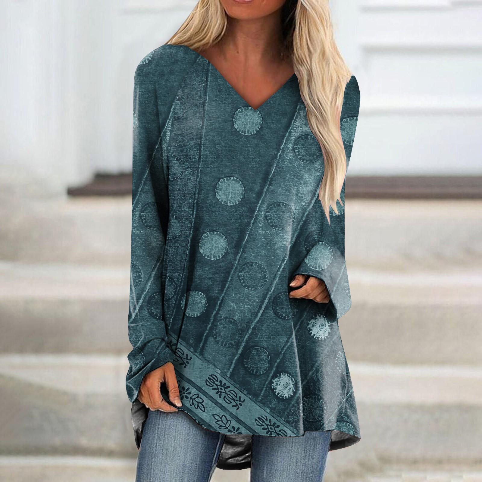 

Женская модная повседневная футболка с принтом, длинный рукав, V-образный вырез, топ средней длины M тёмно-синий