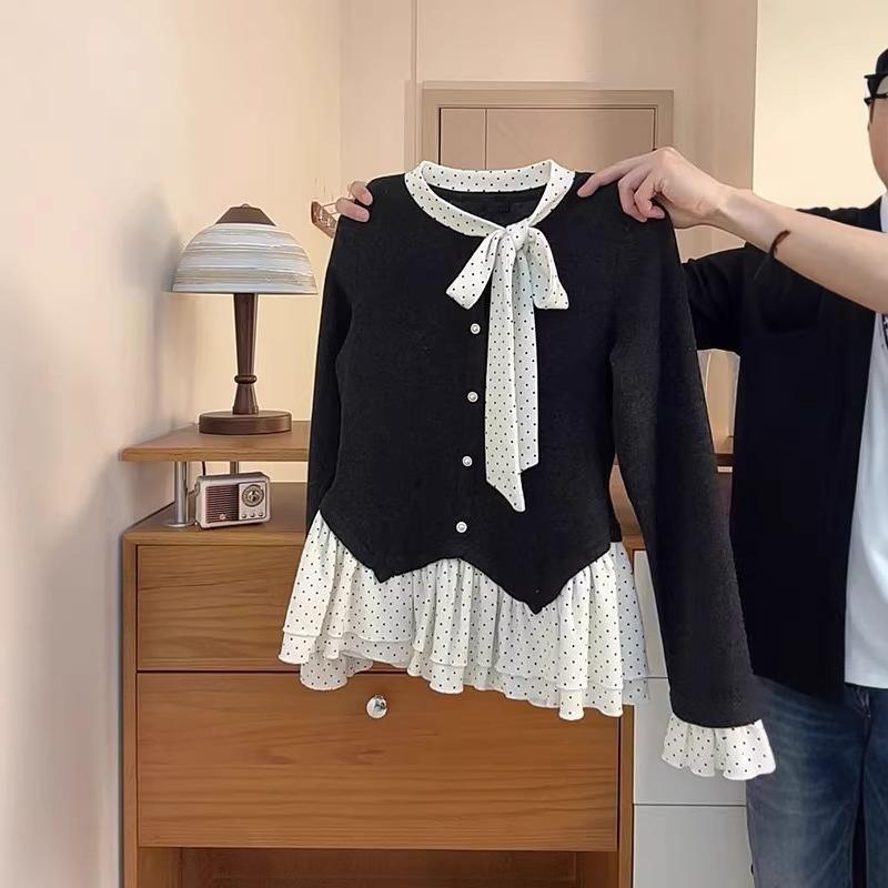 Korean Style Polka Dot V-Neck Ruffle Long Sleeve Tie-Up T-Shirt for Women - Autumn/Winter Two-Piece Look