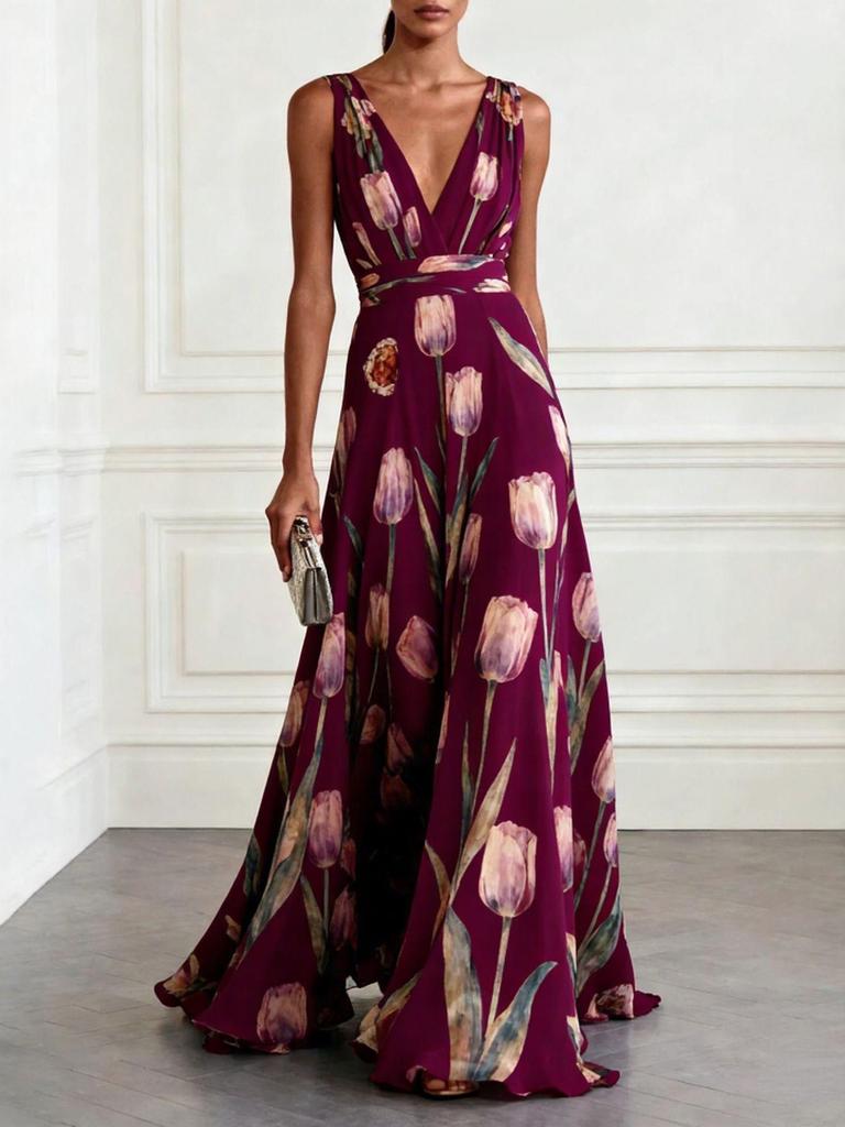 2026 Tulip Print Sleeveless V-Neck Long Evening Dress for Women