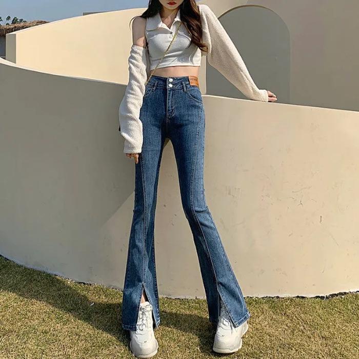 Spring 2025 Women’s High-Waist Elastic Flared Jeans: Slim, Slit-Style, All-Match Design