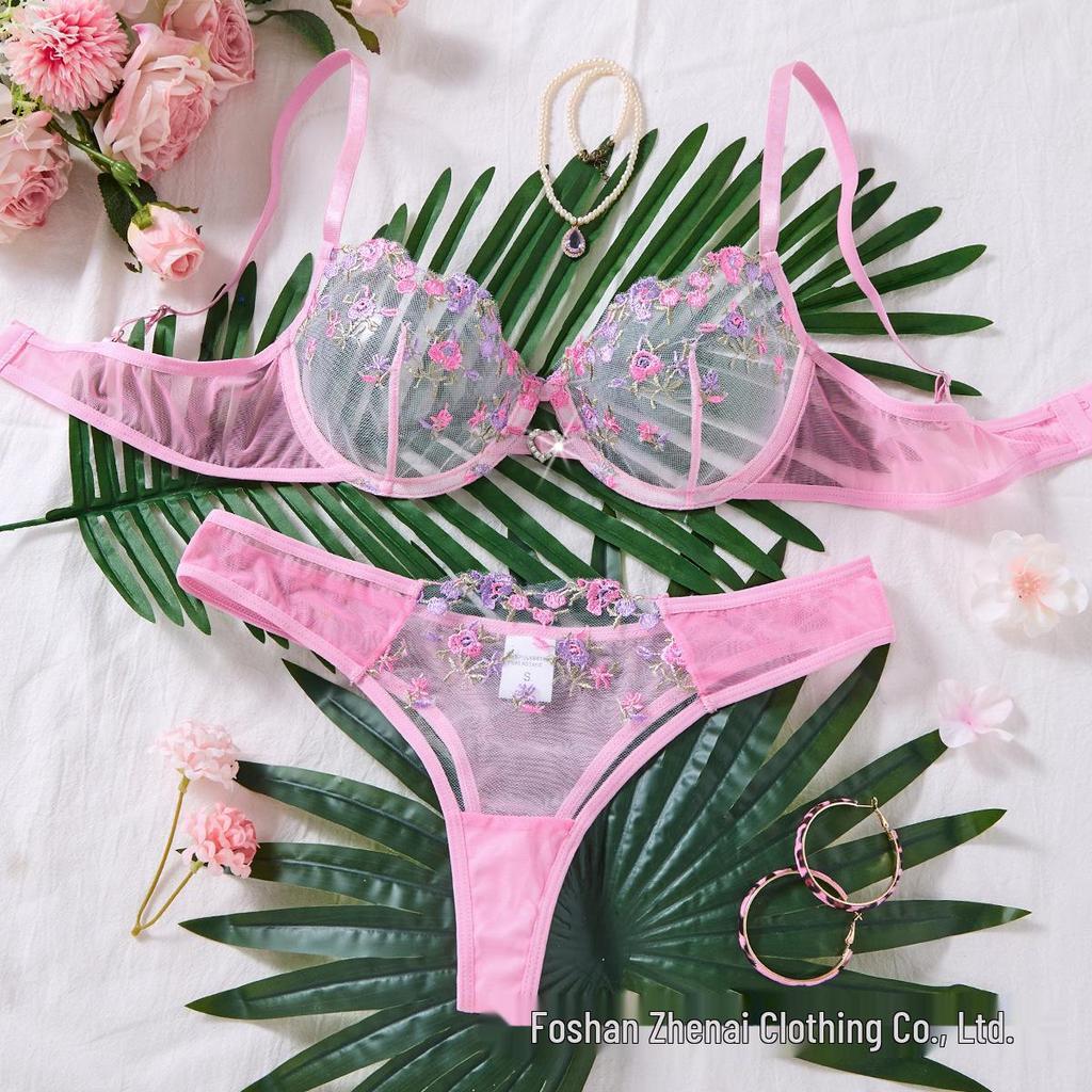 Florales besticktes Mesh Push-up Dessous-Set für Damen