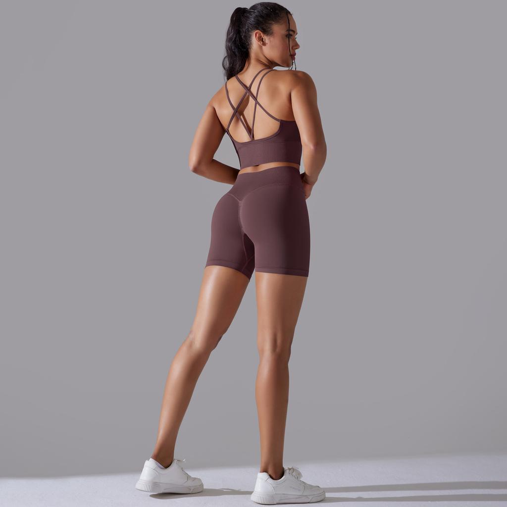 European and American seamless knitted solid color beautiful back high elastic tight yoga suit set running fitness suit two-piece set women