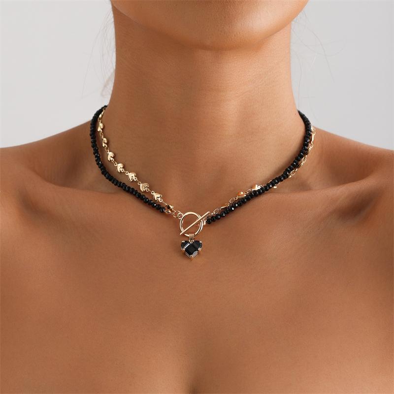 Collana Pendente a Forma di Cuore con Catena di Cristalli Geometrici Neri Vintage per Donna Moda Stile Boho Gioielli con Cristalli di Zircone Regali