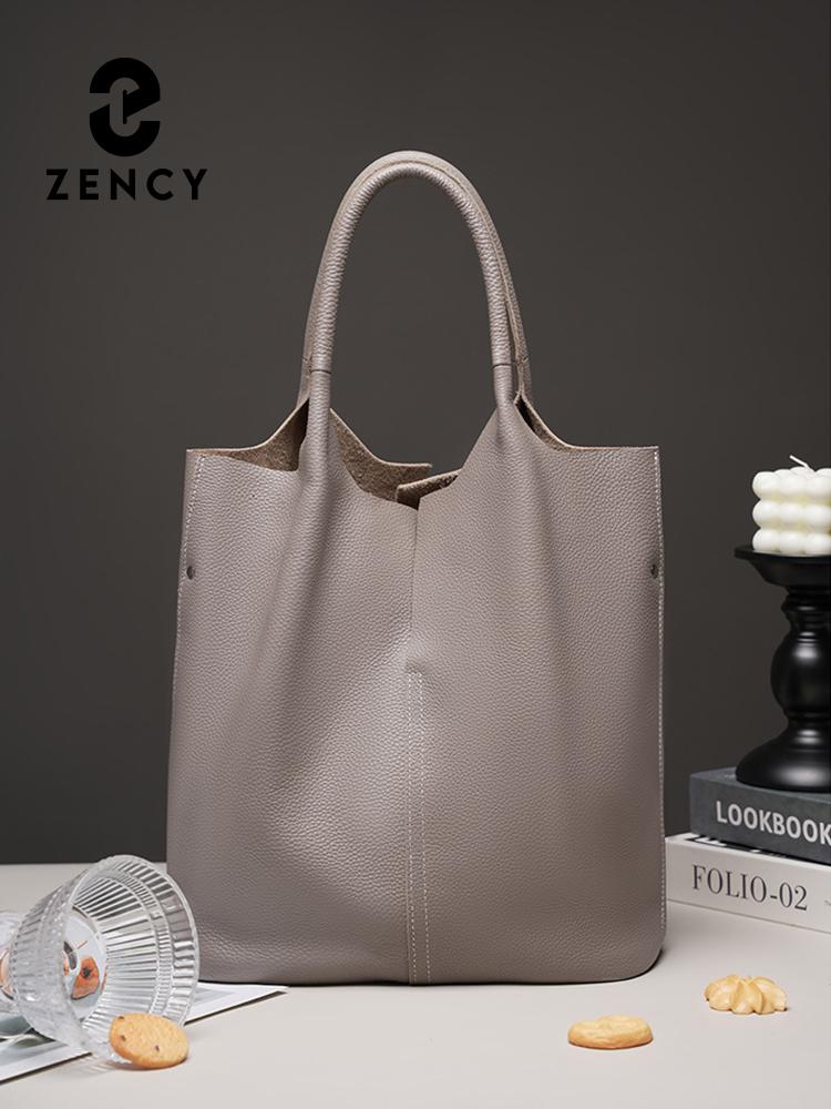 Zency Μαλακή Γνήσια Δερμάτινη Γυναικεία Τσάντα Tote Χειρός Κλασική Κομψή Μπλε Μεγάλης Χωρητικότητας Shopper Σύνθετη Τσέπη Γκρι Πορτοφόλι 2024
