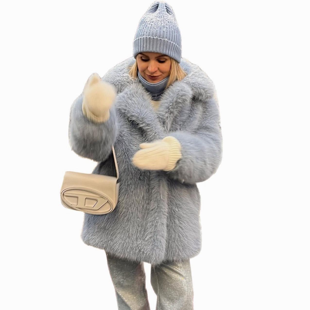 

Женское пальто с лацканами из искусственного меха в европейском и американском стиле - Мода осень/зима XXXL