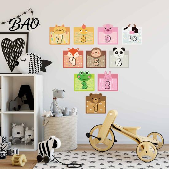 Number Hopscotch Rugs Lattice Floor Stickers, 1-10 Game Decals, Removable Indoor Hopping Tiles Cartoon Animals Wall Decals for Classroom School