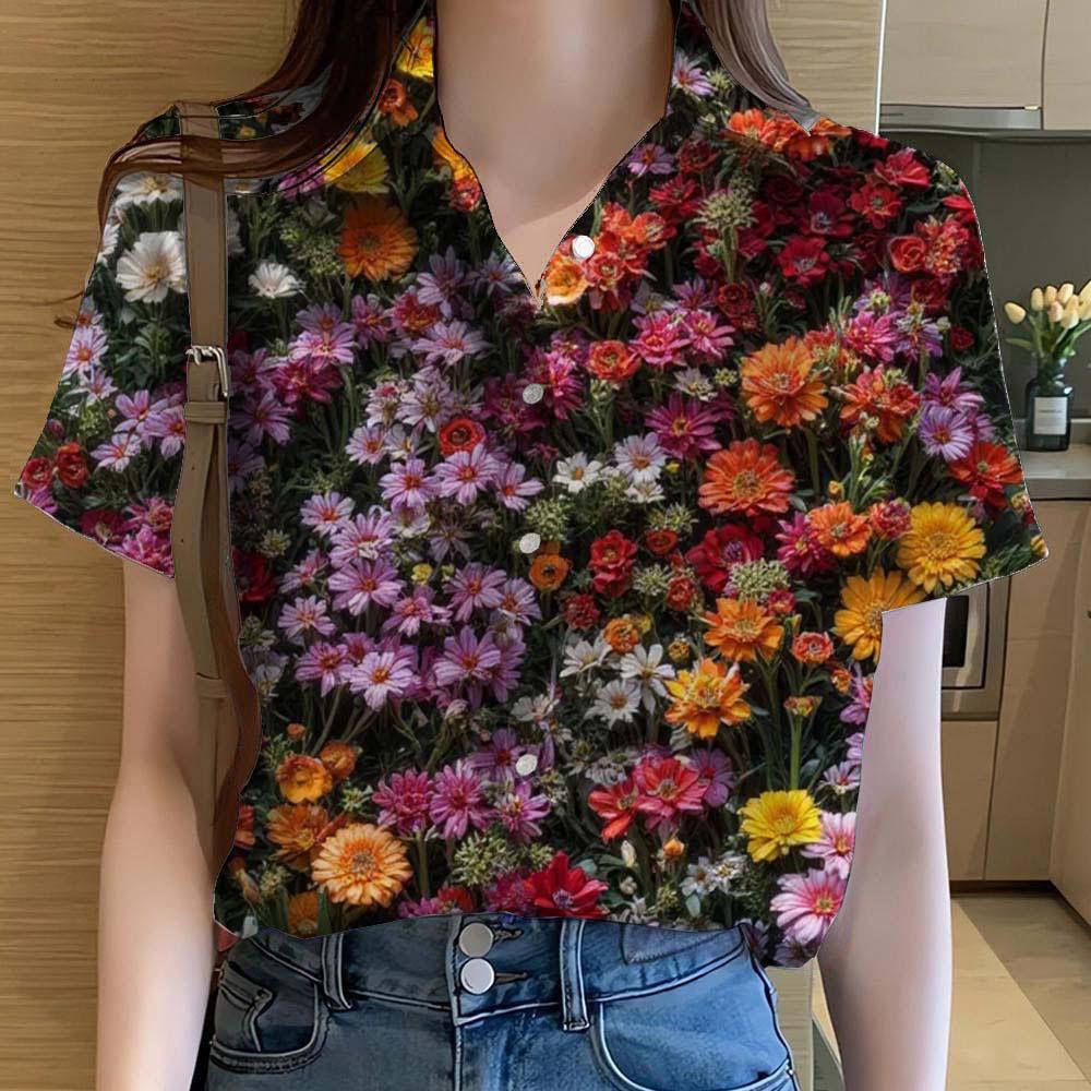 

Женские рубашки с коротким рукавом, на пуговицах, с цветочным принтом розы, повседневная гавайская пляжная рубашка, летняя новая блузка с подсолнухом, женская одежда XXL