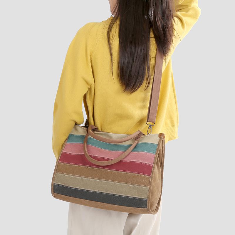 Vintage Striped Canvas Bag Women's Crossbody Bag Patchwork Handbag
