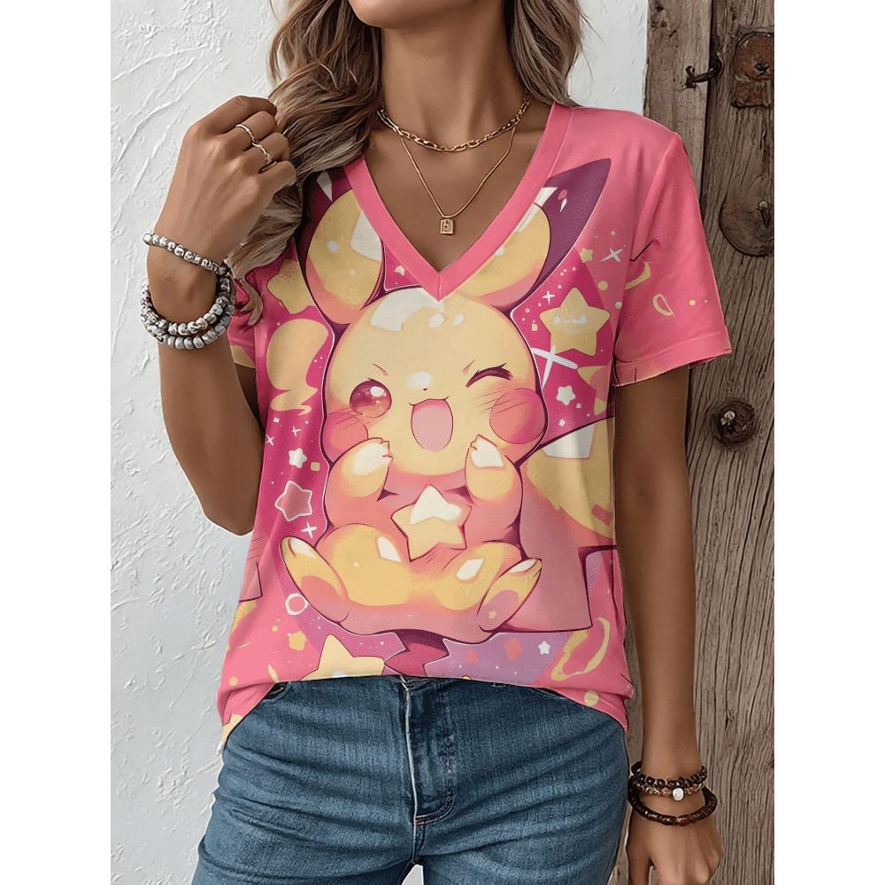 Women's Flower V-neck Short Sleeved T-shirt Fashionable Loose T-shirt