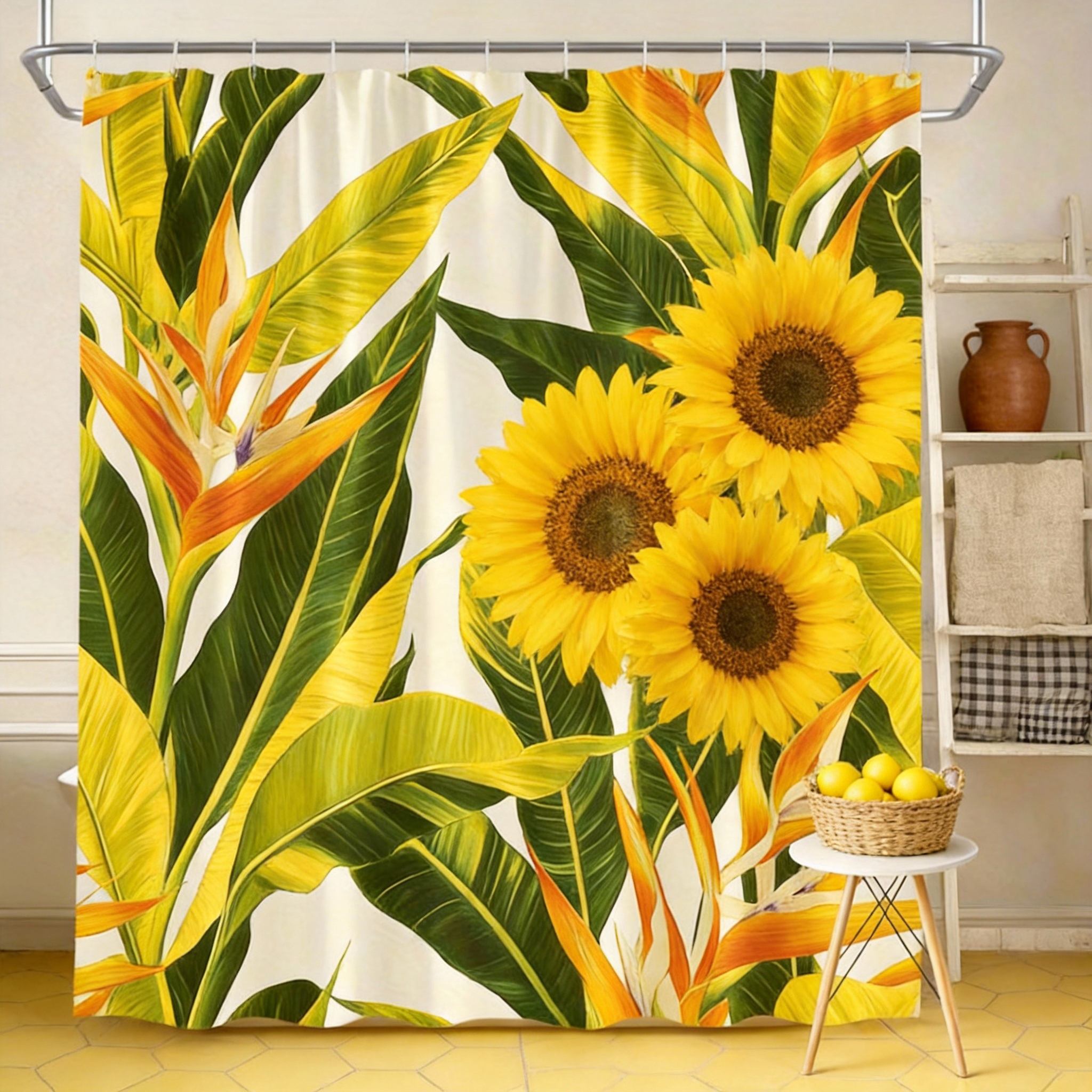Tropical Shower Curtain 180x180cm – Bird of Paradise & Banana Leaf, Orange Floral Bathroom Decor, 12 Hooks 90X180cm(35x70in)