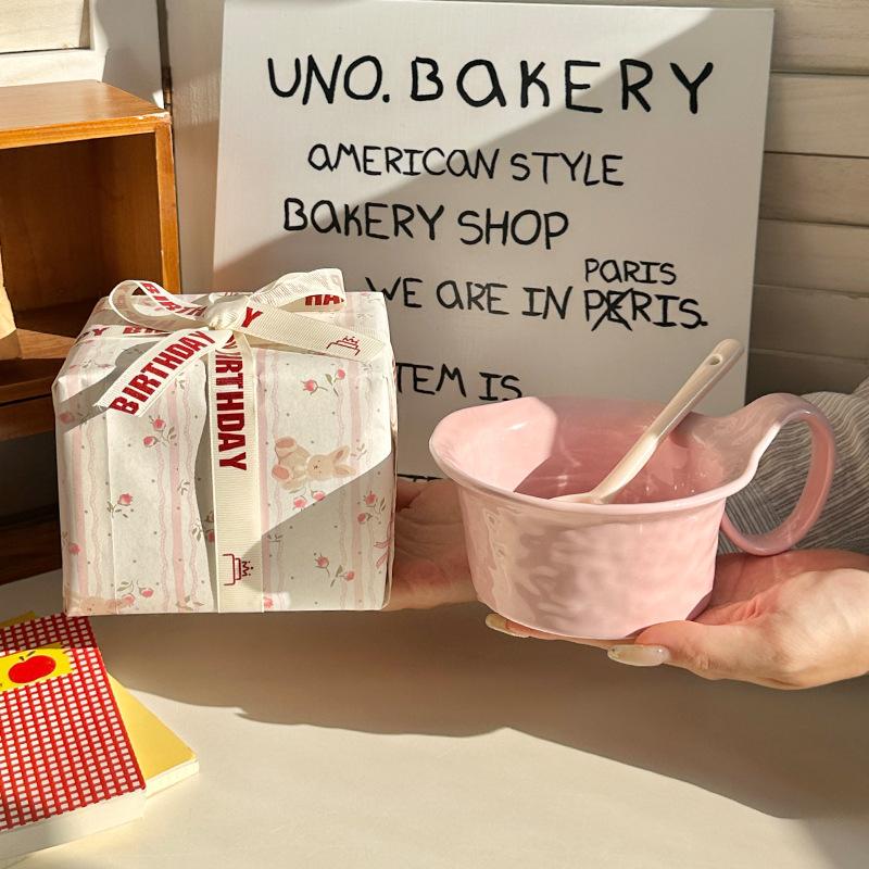Ins Cream Wind Ceramic Mug Qu Handle Cup Large Capacity Breakfast Cup Oatmeal Bowl with Spoon Girls' Souvenir