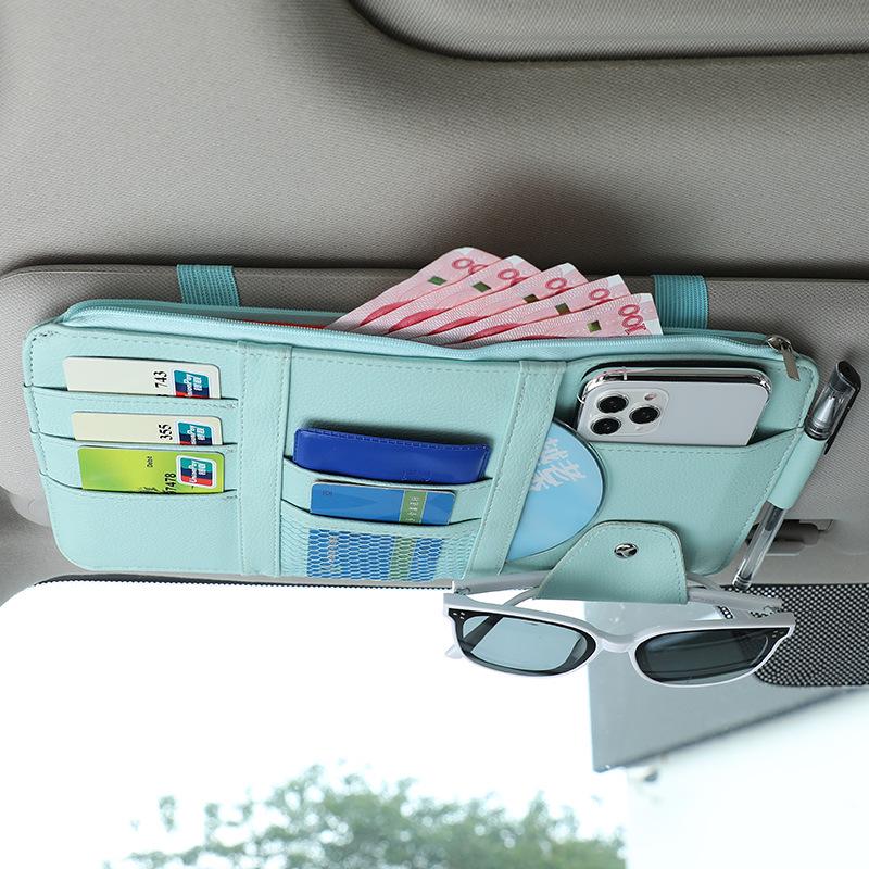 

Multi-Functional Car Sun Visor Organizer: Card Holder, License & Receipt Keeper, Cable Storage, Glasses Clip синій