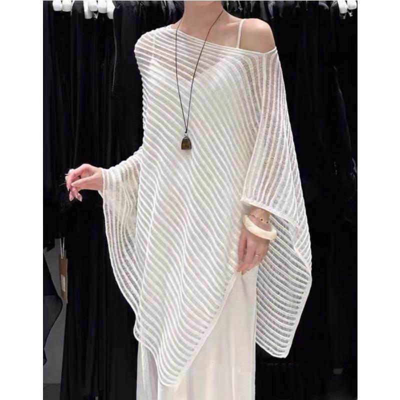 Summer Knitted Sunscreen Women Blouse Hollow Out See Through Pullover Sweater Bat Sleeve Shawl Top Loose Casual Simple Covers Up Irregular Long Shirt