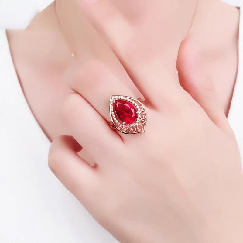 Russian Purple Gold European And American Luxury Ruby Ring Plated Rose Gold Water Drop-Shaped Hollow Ring Women'S