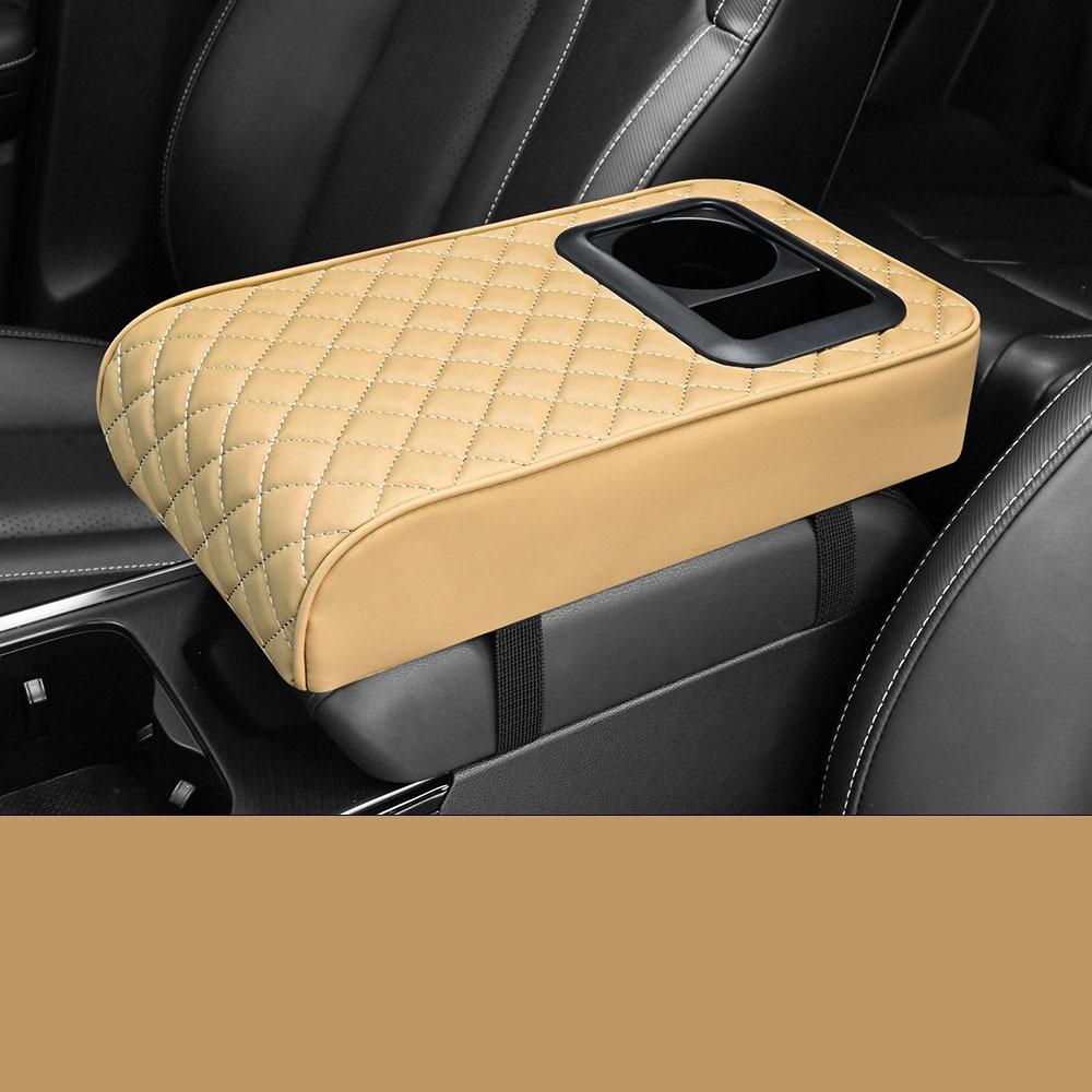 

with 2 Cup Holders Car Armrest Pillowcase Height Pad Armrest Storage Organizer Box Car Interior 2 in 1-Beige