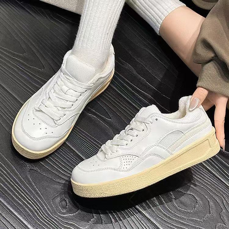 Soft leather small inner height increase thick-soled retro casual flat-bottomed sports board shoes