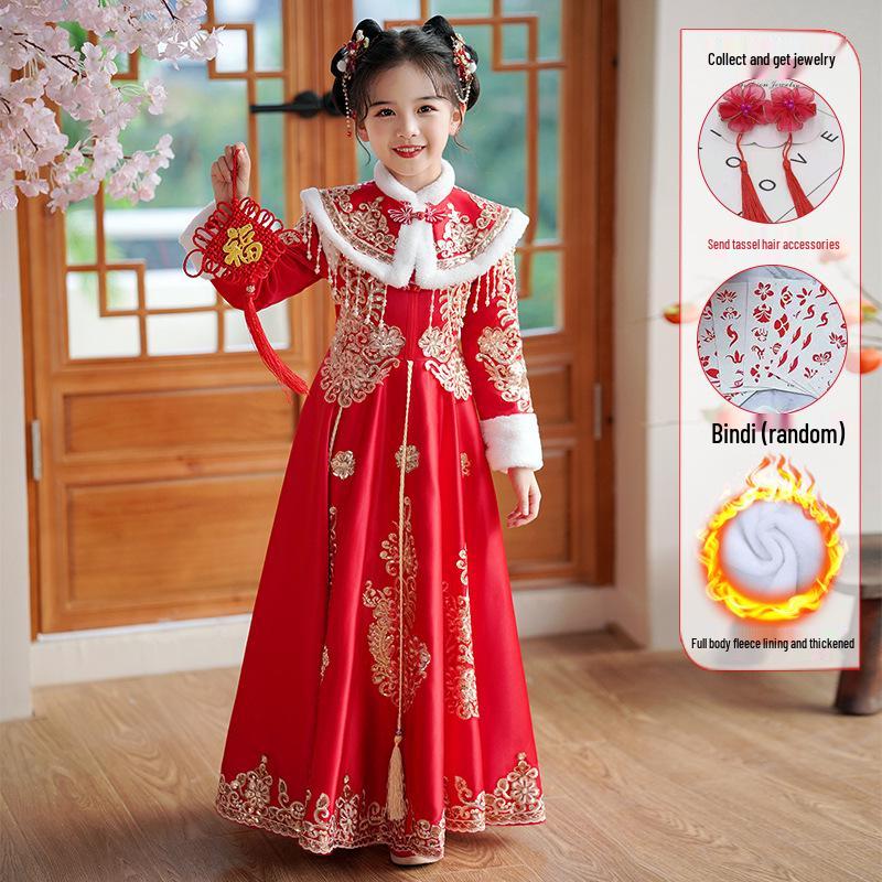 

Красный зимний флисовый ханьфу танский костюм для девочек - наряд на китайский Новый год и платье в старинном стиле 160 cm