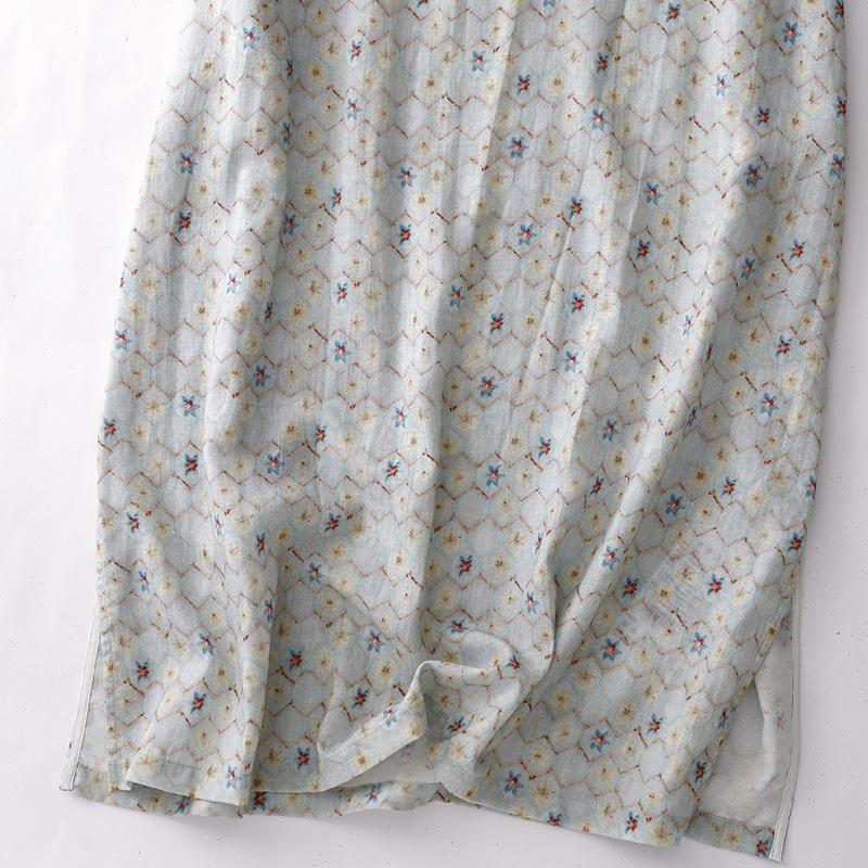 2025 Summer Stand-up Collar Five-quarter Sleeve Printed Cotton and Linen Dress Women's Retro Zen Improved Cheongsam