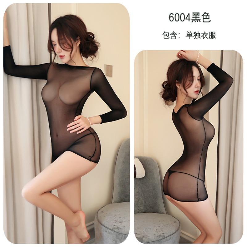 Long night long erotic underwear perspective mesh single-layer long-sleeved sexy pajamas dress hip-wrapped seduction woman