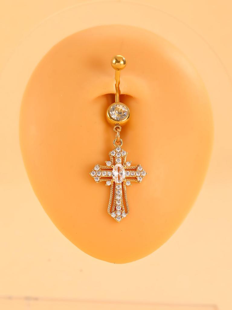 CZ Cross & Heart Belly Button Ring Set, Gold & Silver Tone Dangling Navel Piercing Jewelry