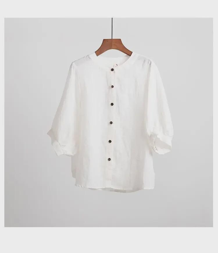 Dámský retro top s lucernovými rukávy z bavlny a lnu, volný střih, středně dlouhý rukáv, jaro/léto 2025