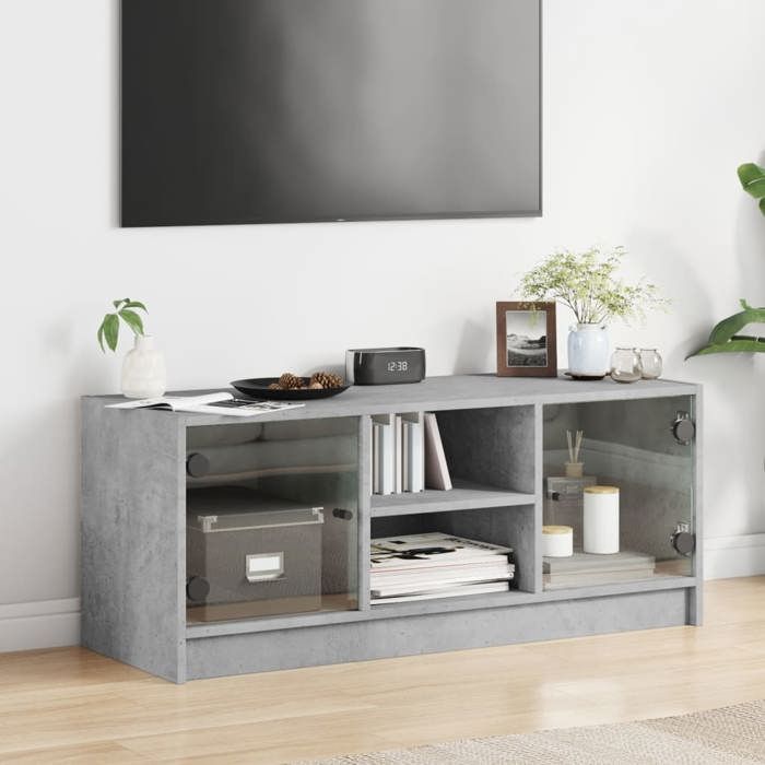 VidaXL Meuble TV avec portes en verre gris béton 102x37x42 cm 836374