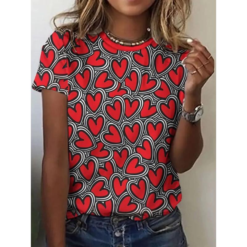 Fashion Women's Rose Love Short Sleeve Crew Neck T-Shirt 3D Rose Love Color Printing Crew Neck Short Sleeve