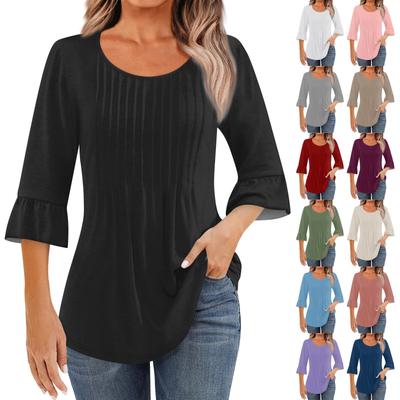 3/4-Ärmel-Shirts für Damen, Oberteile, elegante, lässige Blusen, plissierte Tunika-Oberteile mit Rundhalsausschnitt