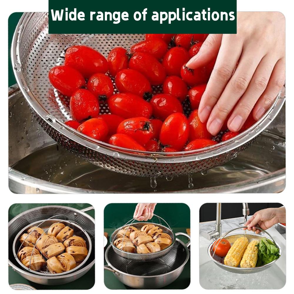 Household Stainless Steel Steamer Basket with Handle, Universal Draining Basket, Steamer Rack, and Steam Tray