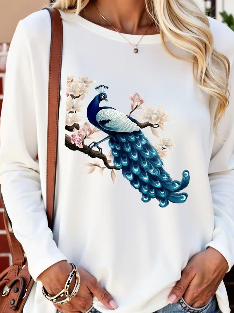 (Asian Size) Lovely Trend Flower  Long Sleeve T Shirt Tee Lady Printed O-neck Women Female Clothing Casual Fashion Top Graphic T-shirts