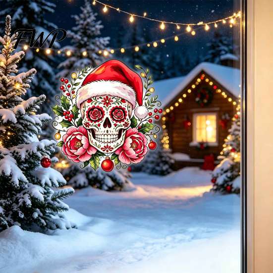 Holiday Window Clings for Glass Christmas Skull Wall Decal, Removable PVC Sticker with Santa Hat Rose Party Decor Design, Dark Bedroom Living