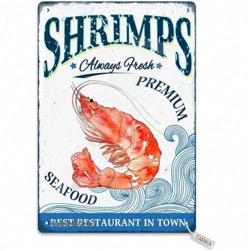 Metal Wall Art Seafood Shrimp Tin Sign 8x12 Inch, Rustic Kitchen Poster  English version: Rustic Seafood Metal Wall Art 8x12 Inch Tin Sign for Kitchen