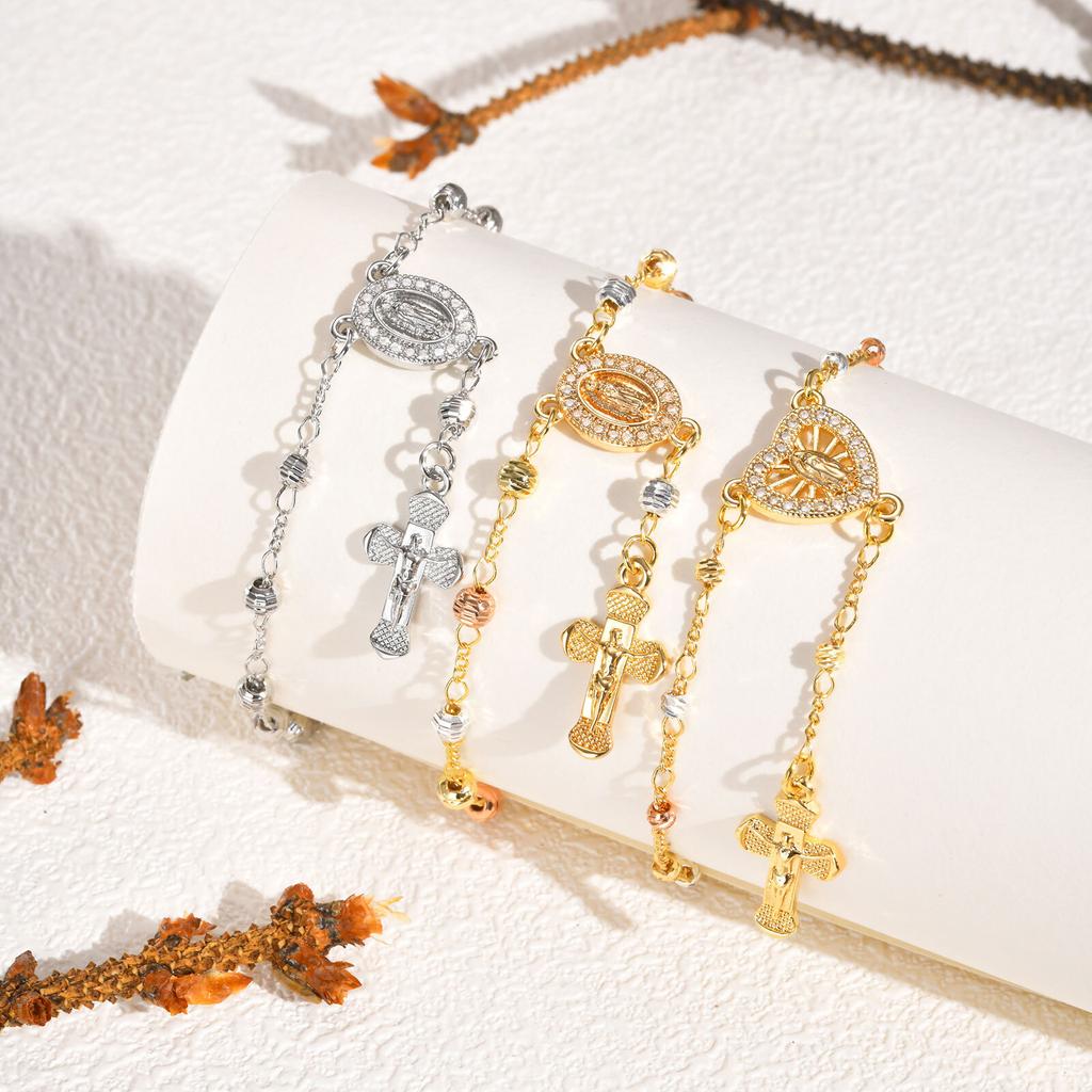 Virgin Mary Rosary Bead Cross Bracelet for Women, Tri-color Adjustable Chaiin Virgin of Guadalupe Bracelet Jewelry Gift