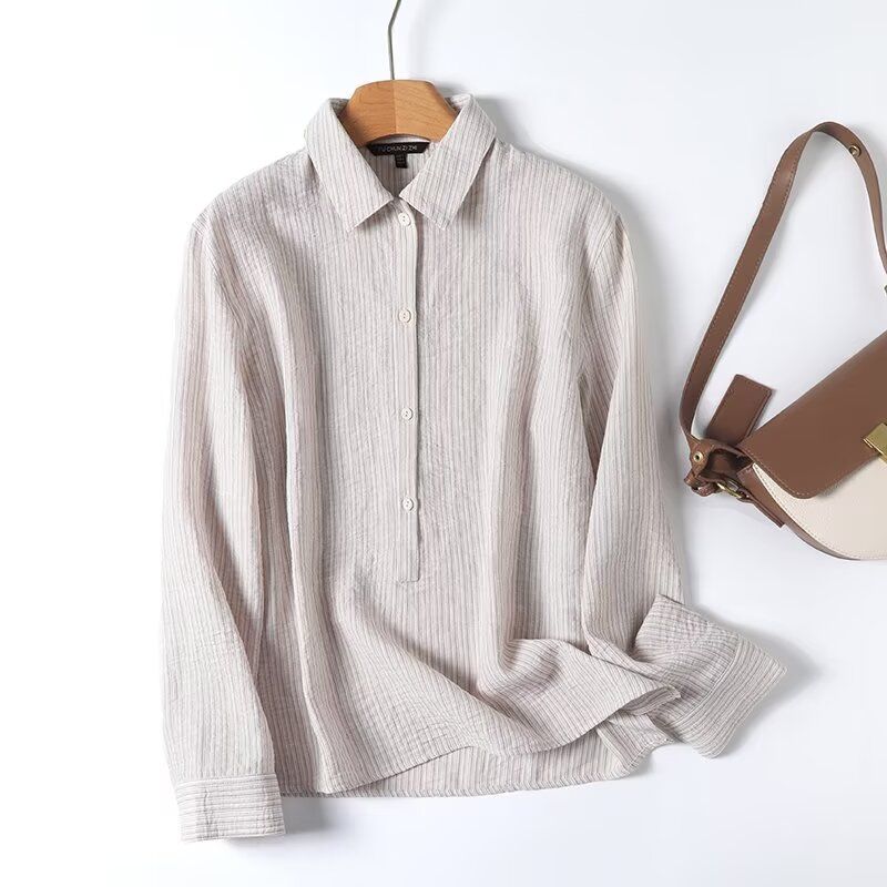 

MD Women clothes Summer French style Intellectual Texture Aesthetic Lightweight Stripe Lapel Long sleeve Shirts 05164630710 Light beige L