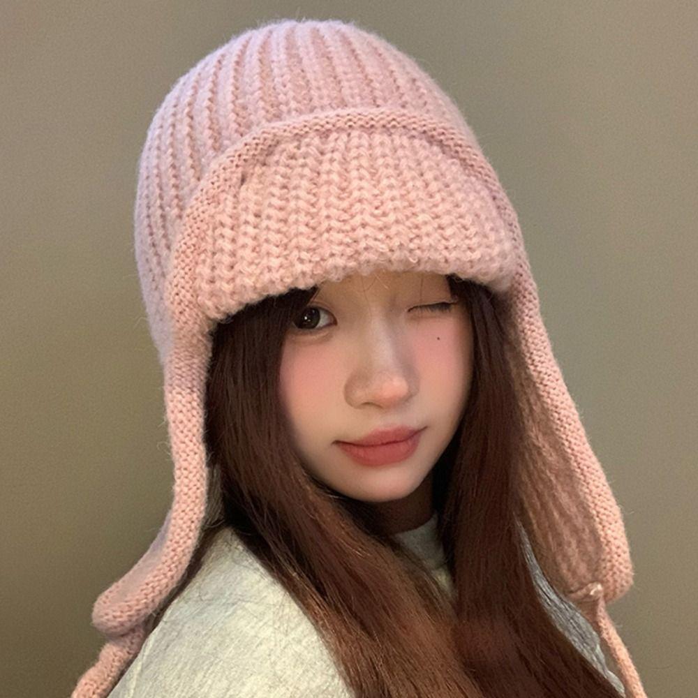 Korean Style Knitted Flying Cap Ear Protection Woolen Crochet Cap Fashion Beanie Hat  Girls